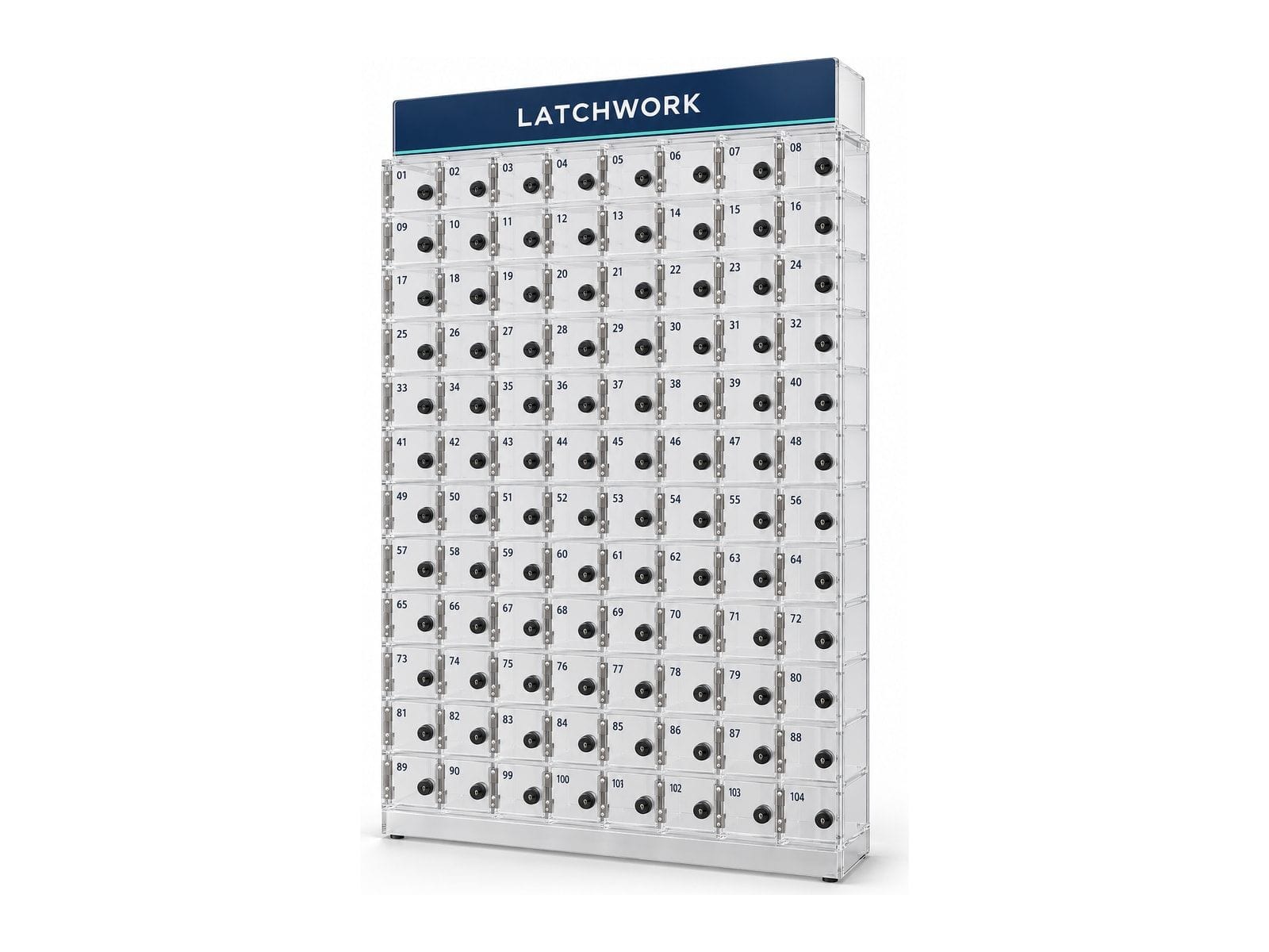 Example freestanding acrylic locker with multiple clear doors; final medium compartments are specified by drawing