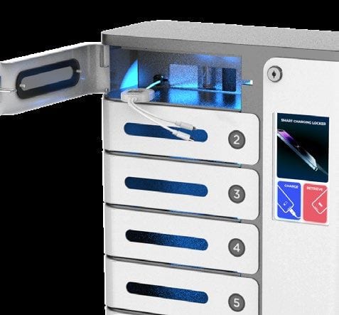 An open charging locker bay with a fixed multi-connector charging cable inside it