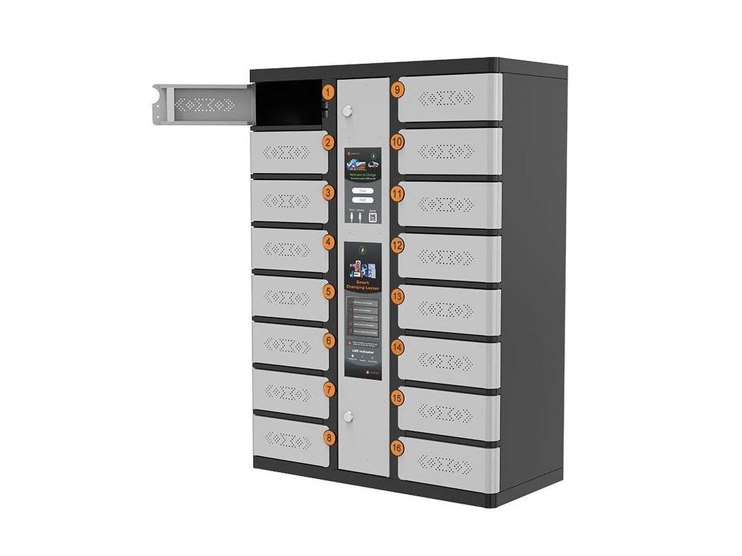A device charging locker with one bay door open, showing the drawer inside