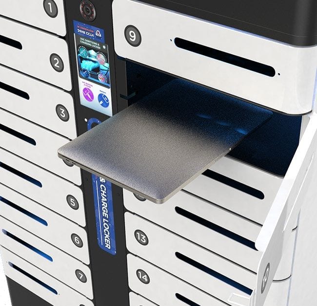 A charging locker bay with its pull-out tray extended