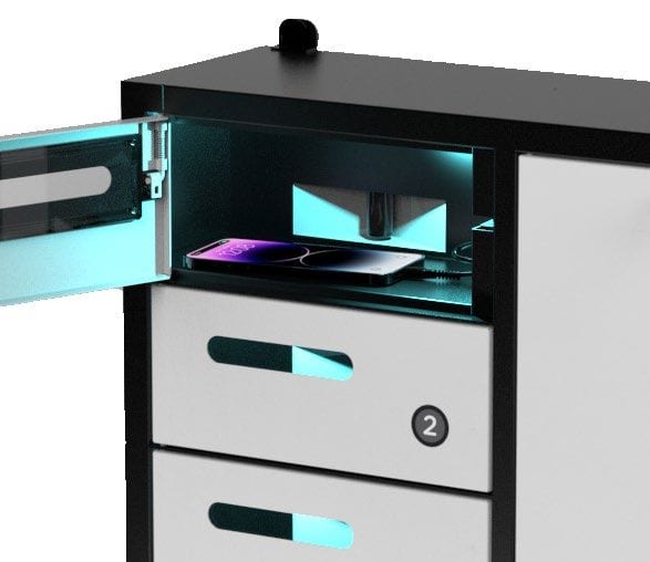 An open charging locker bay lit by an internal ultraviolet lamp, with a device inside on charge