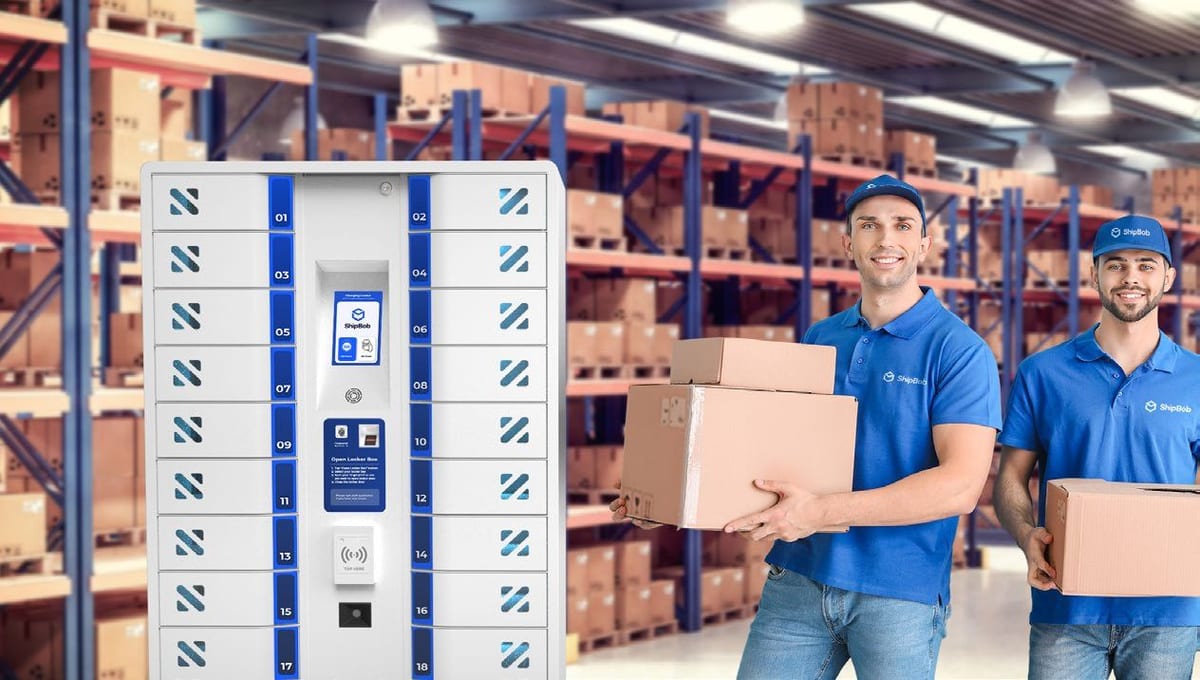 Warehouse staff carrying boxes past a bank of device charging lockers between racking