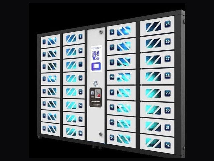 A wide charging locker body with more than thirty illuminated numbered bays and a control panel