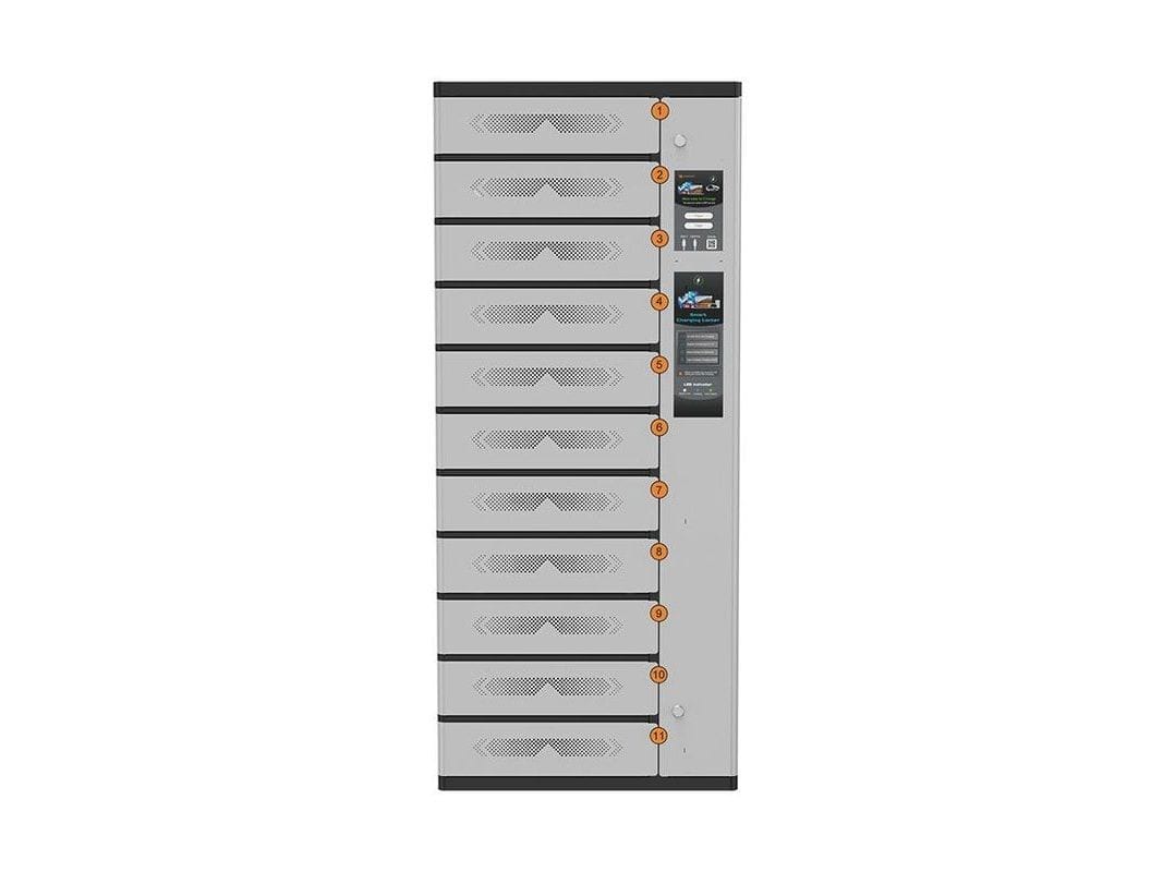 A tall eleven-bay device charging locker with ventilated drawer doors in a light grey finish