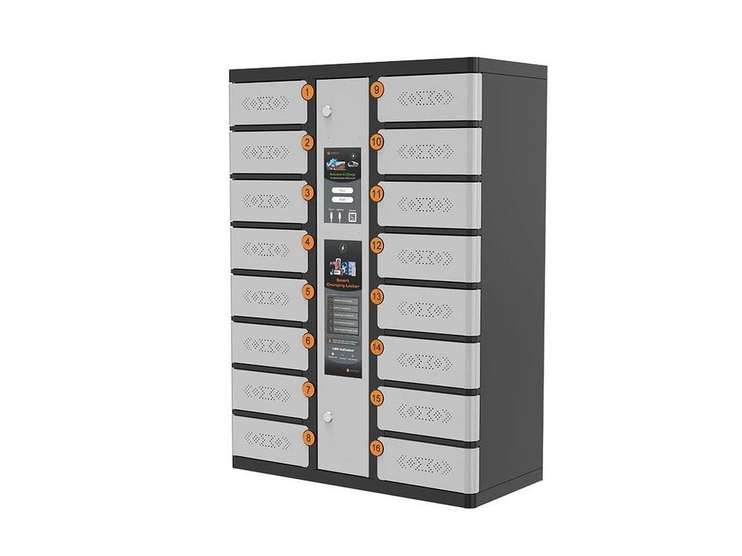 A sixteen-bay keyed device charging locker in two columns, shown from three-quarters with the numbered doors closed
