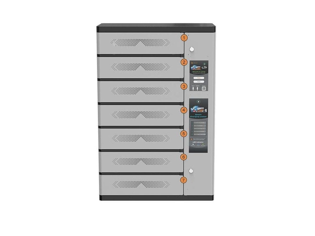 A seven-bay device charging locker with wide ventilated drawer doors and an indicator panel