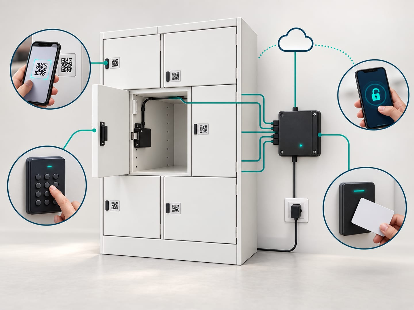 Connected locker bank diagram showing QR, PIN, card and remote access through a powered controller
