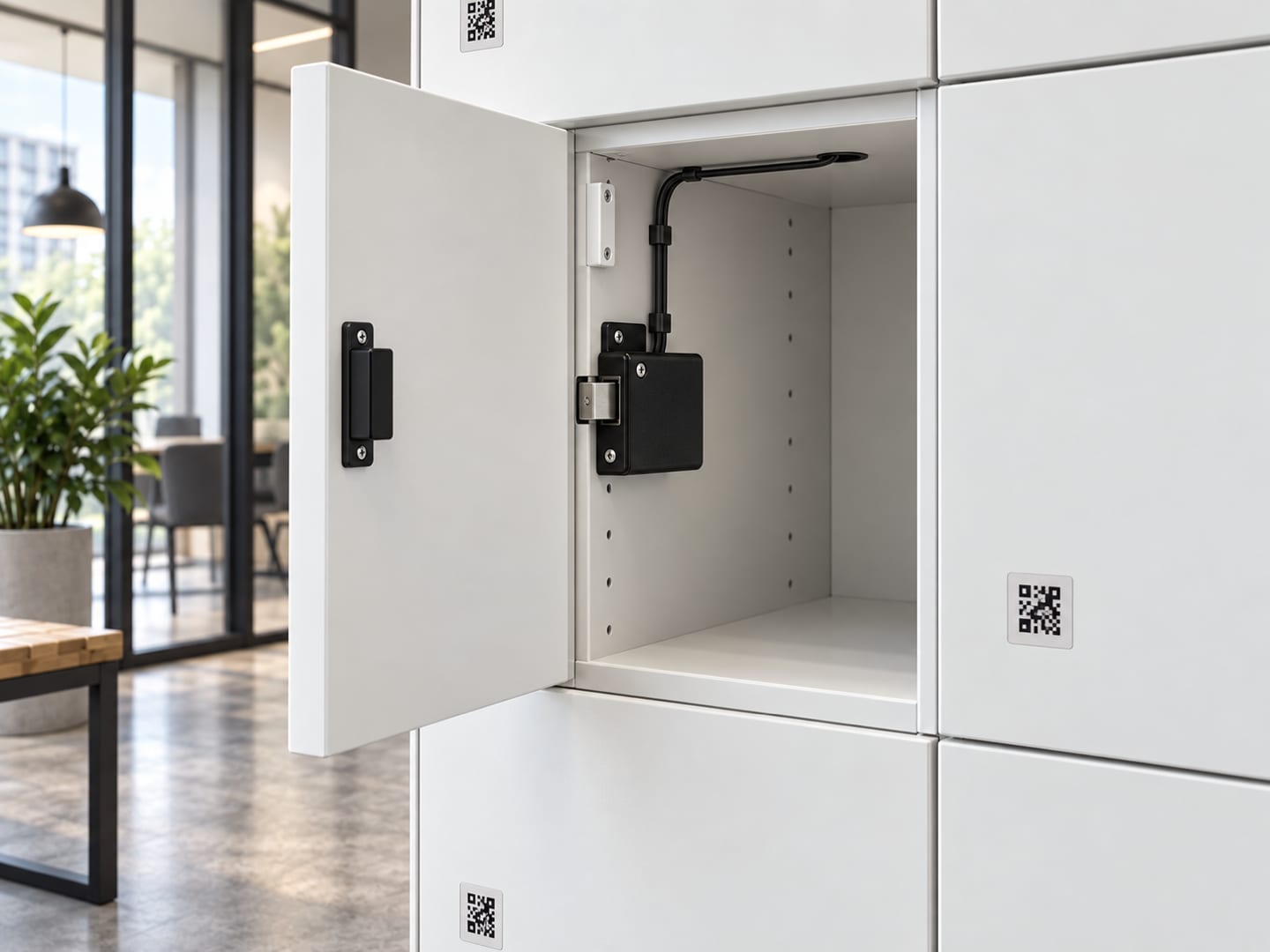 Open locker compartment showing a connected electronic latch, door sensor and concealed wiring