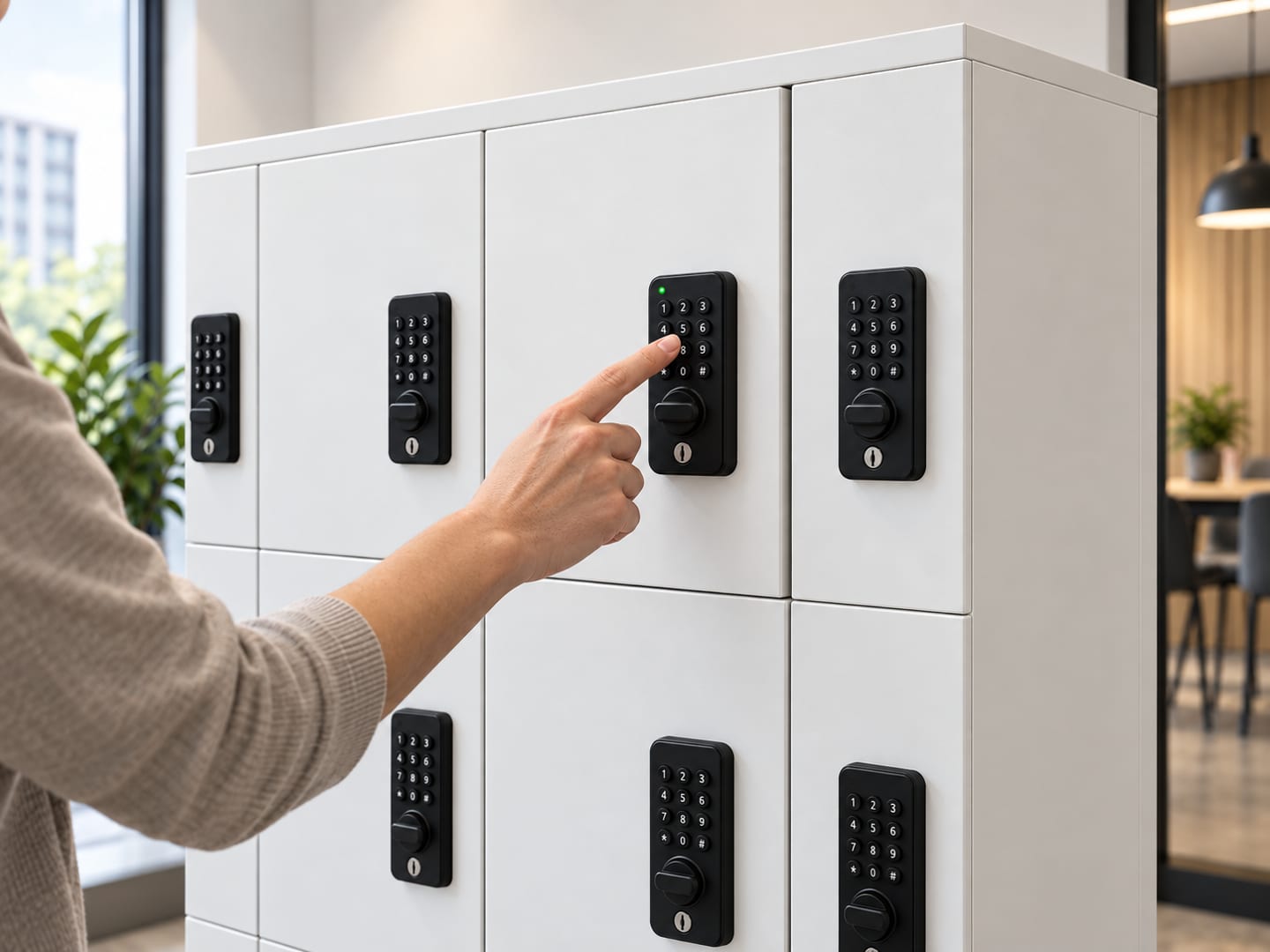 A user entering a PIN on battery keypad locks fitted to a locker bank