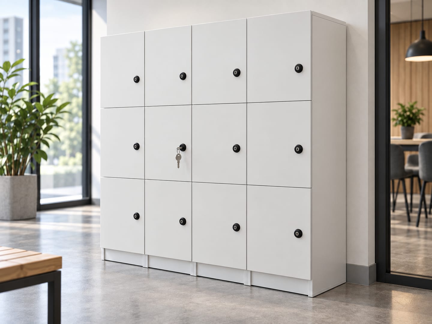 Twelve-door warm-white locker bank fitted with small round keyed cam locks