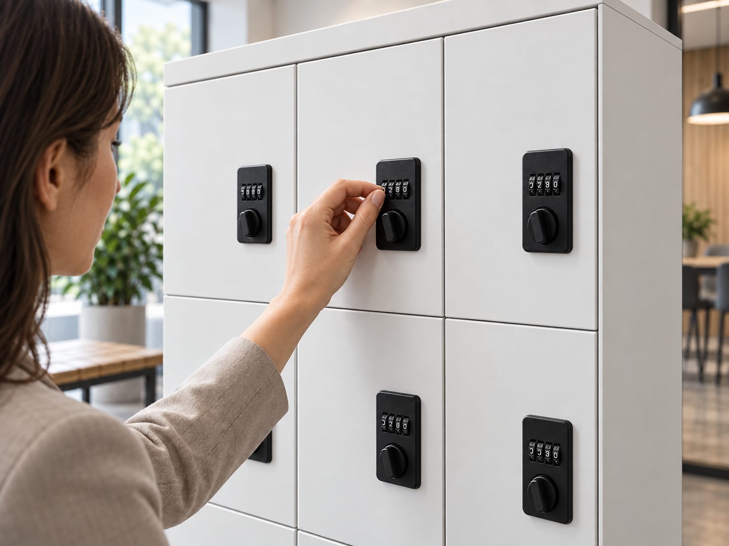 A user setting the number wheels on mechanical combination locks fitted to a locker bank