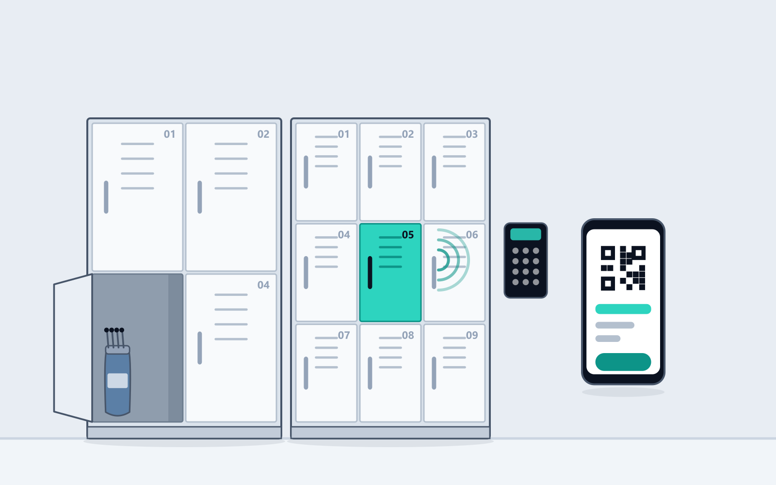 Illustration of a bank of full-height smart member lockers, one door open, with a phone held to the QR panel on an adjacent door