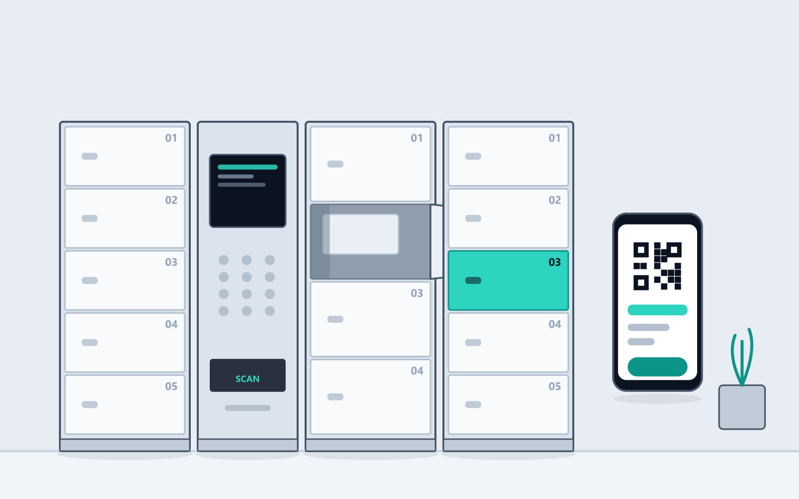 Illustration of a managed parcel locker bank in a residential lobby, with a control column, numbered compartments, one compartment open holding a parcel, and a resident collecting with a phone