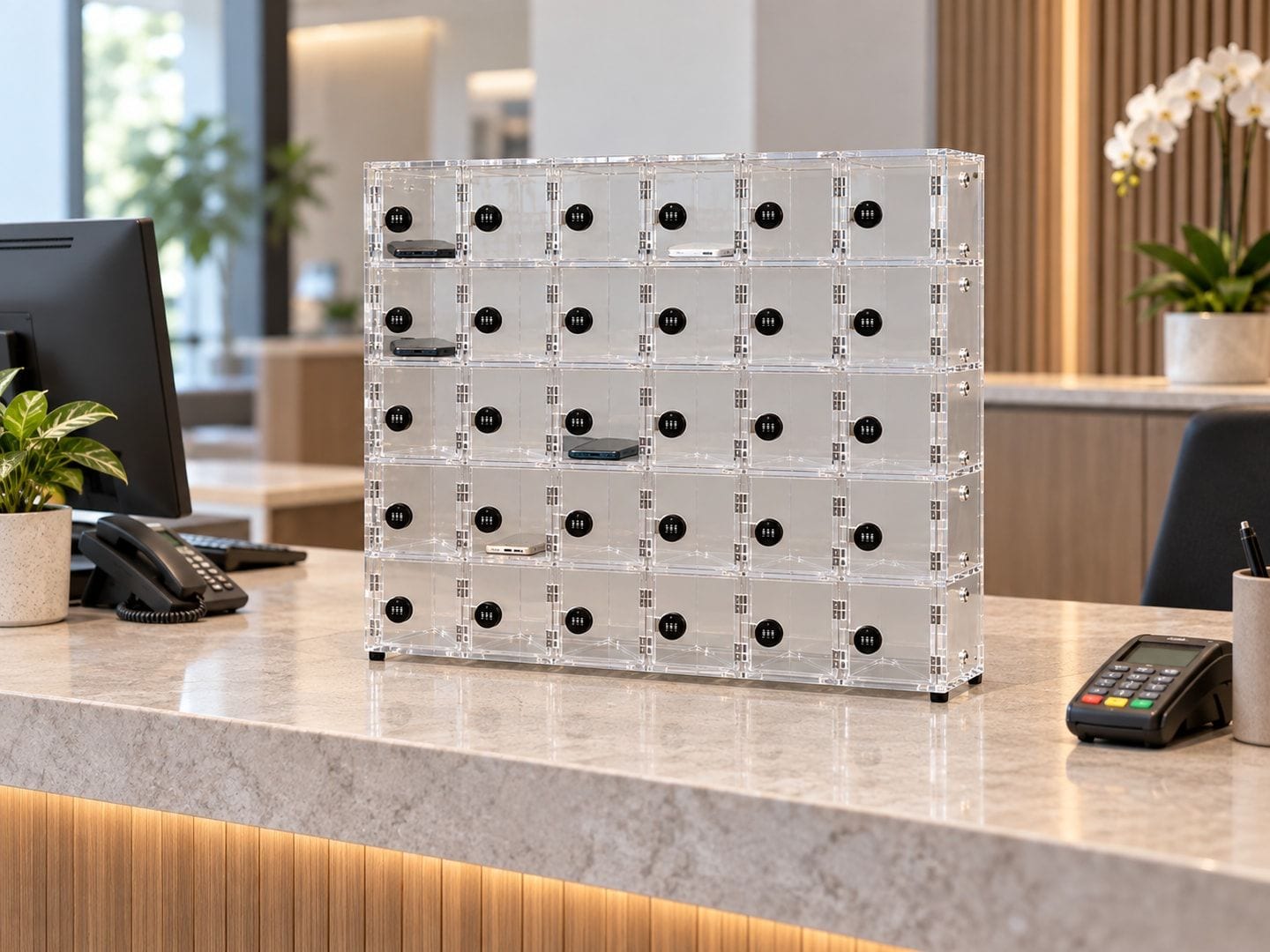 Clear acrylic locker with thirty numbered small-item compartments on a reception counter