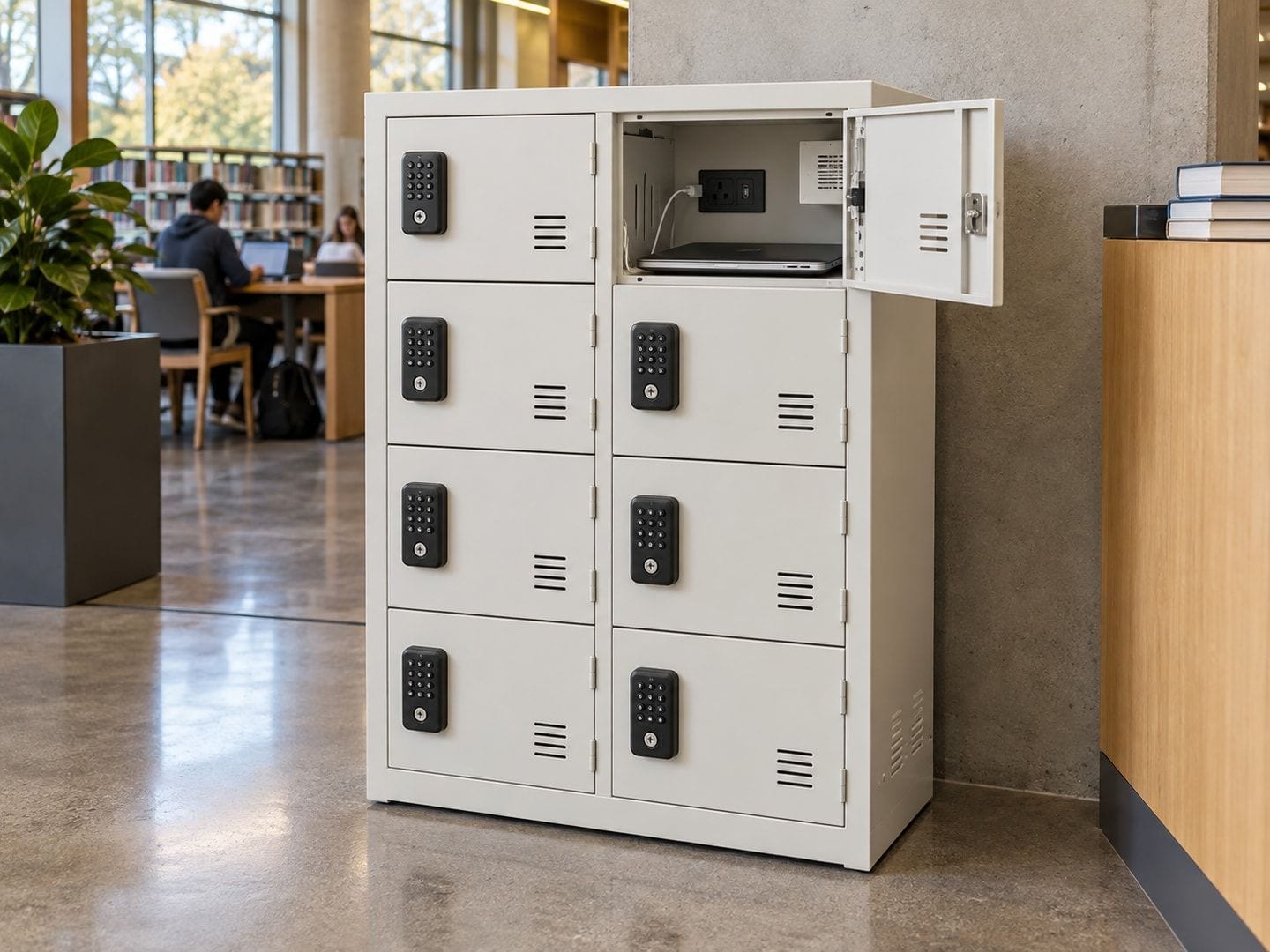 A white laptop and tablet charging locker with eight wide bays, open doors and laptops visible inside