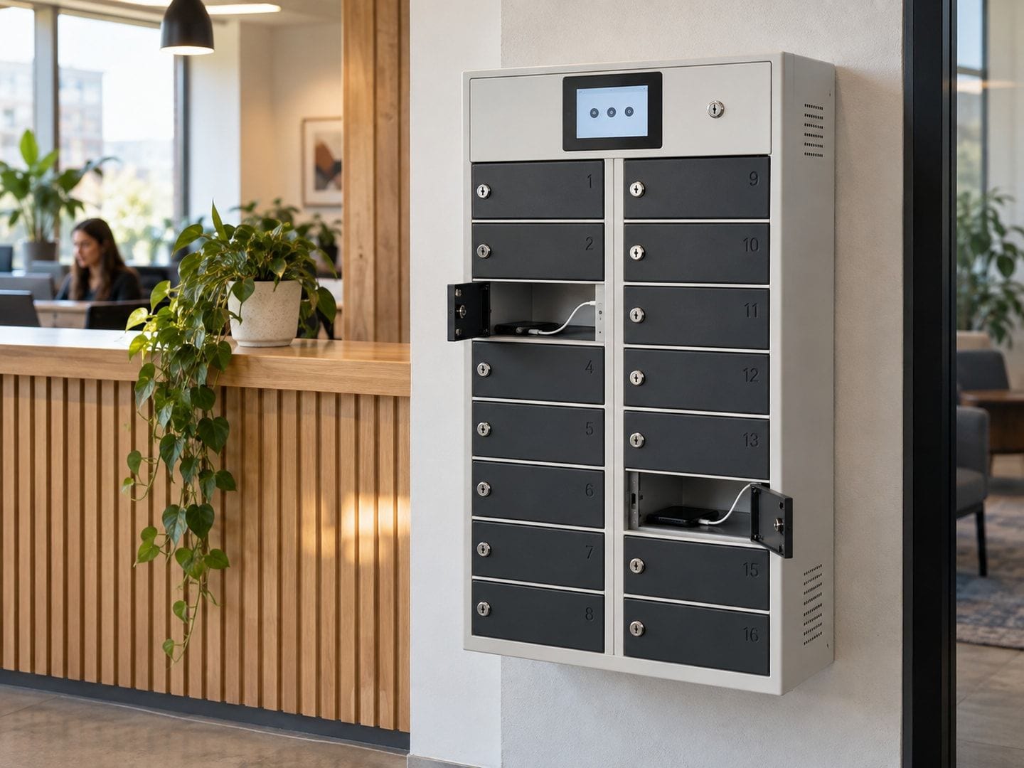 A tall phone charging locker with numbered bays, touchscreen and display screen in a modern lobby