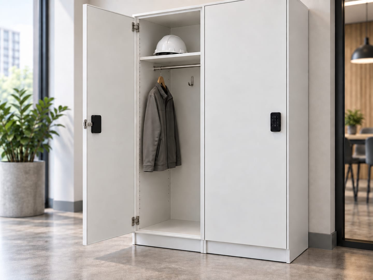 Close view of an extra-large steel locker with one tall door open, showing its shelf, hanging rail and coat hook
