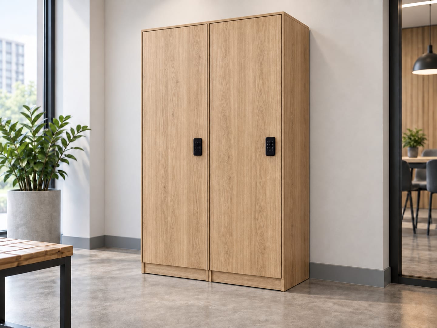 Two-door extra-large locker with a warm wood-grain laminate finish in a modern office