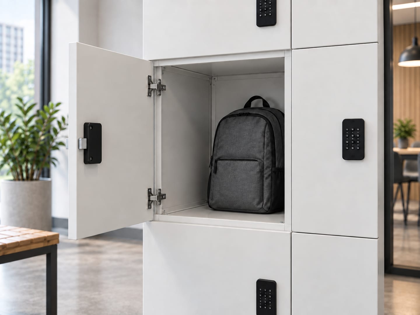 Close view of a six-door large steel locker with one compartment open and a backpack stored inside