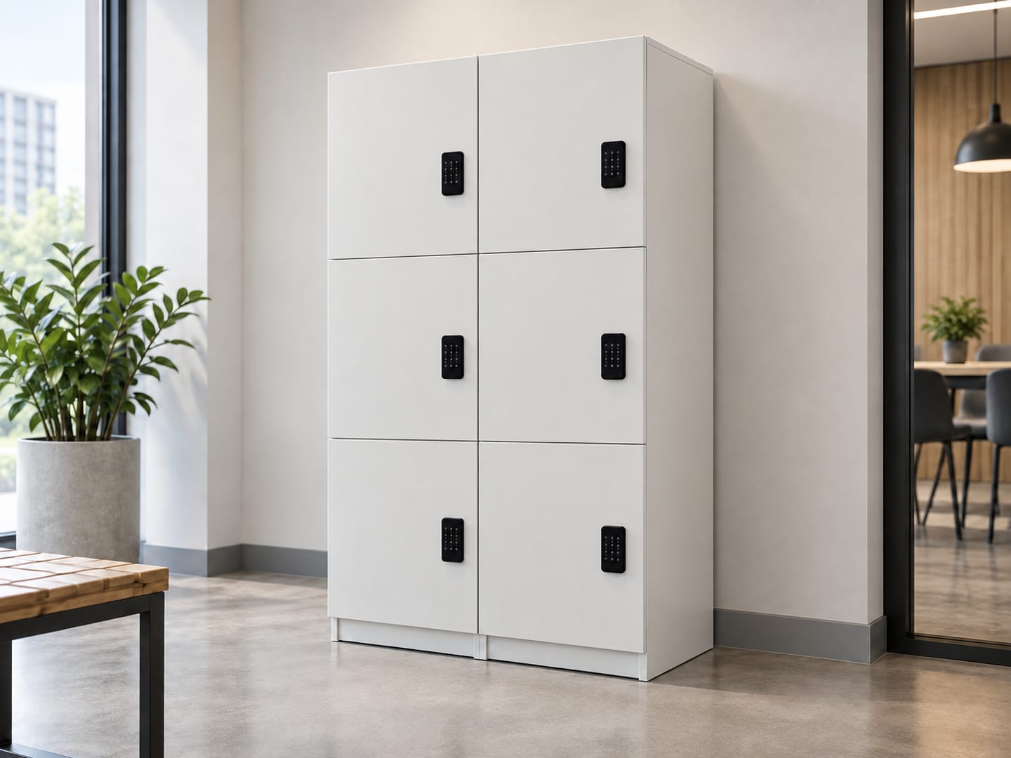 Six-door large steel locker arranged in two columns and three rows with black digital keypad locks