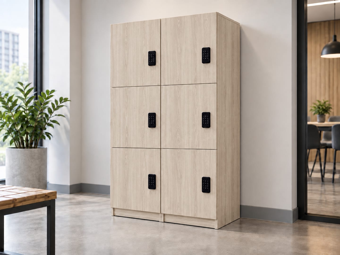 Six-door large locker with a warm wood-grain laminate finish in a modern office