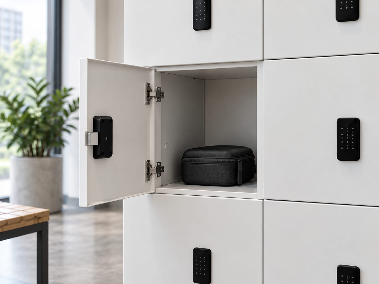 Close view of a twelve-door medium steel locker with one compartment open and a small case stored inside