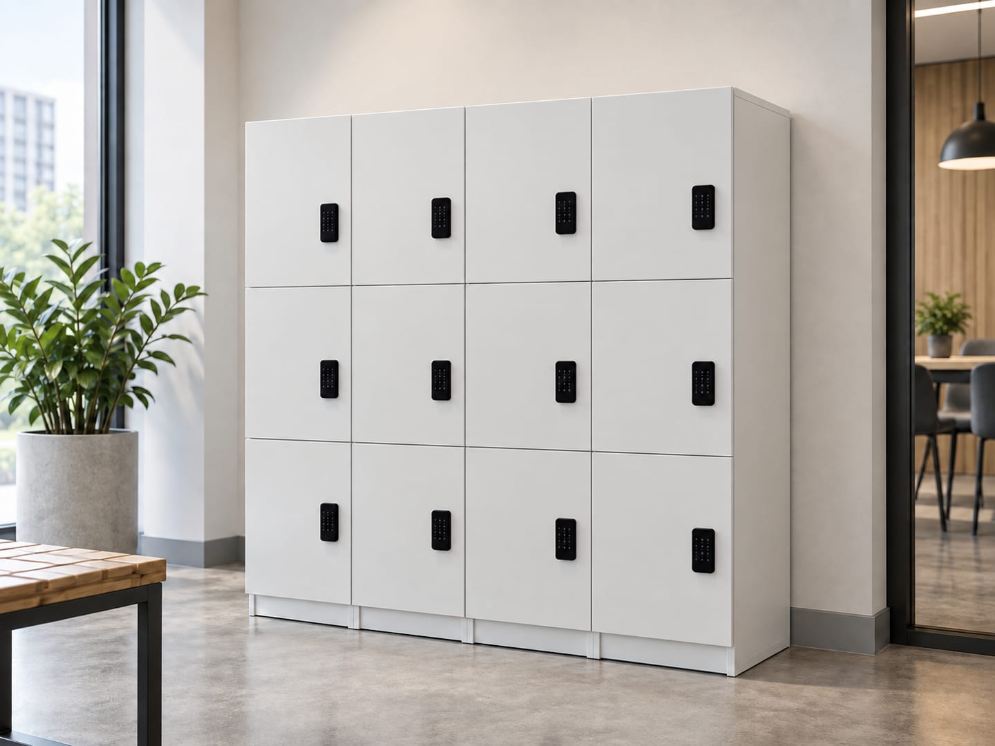 Twelve-door medium steel locker arranged in four columns and three rows with black digital keypad locks