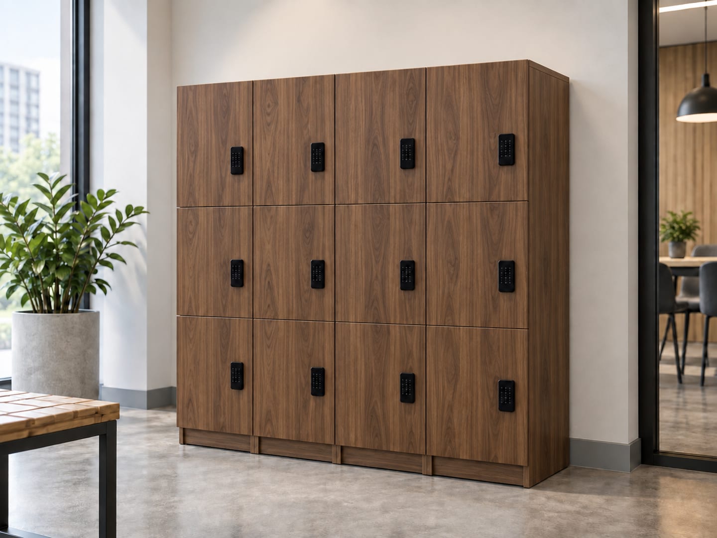 Twelve-door medium locker with a warm wood-grain laminate finish in a modern office