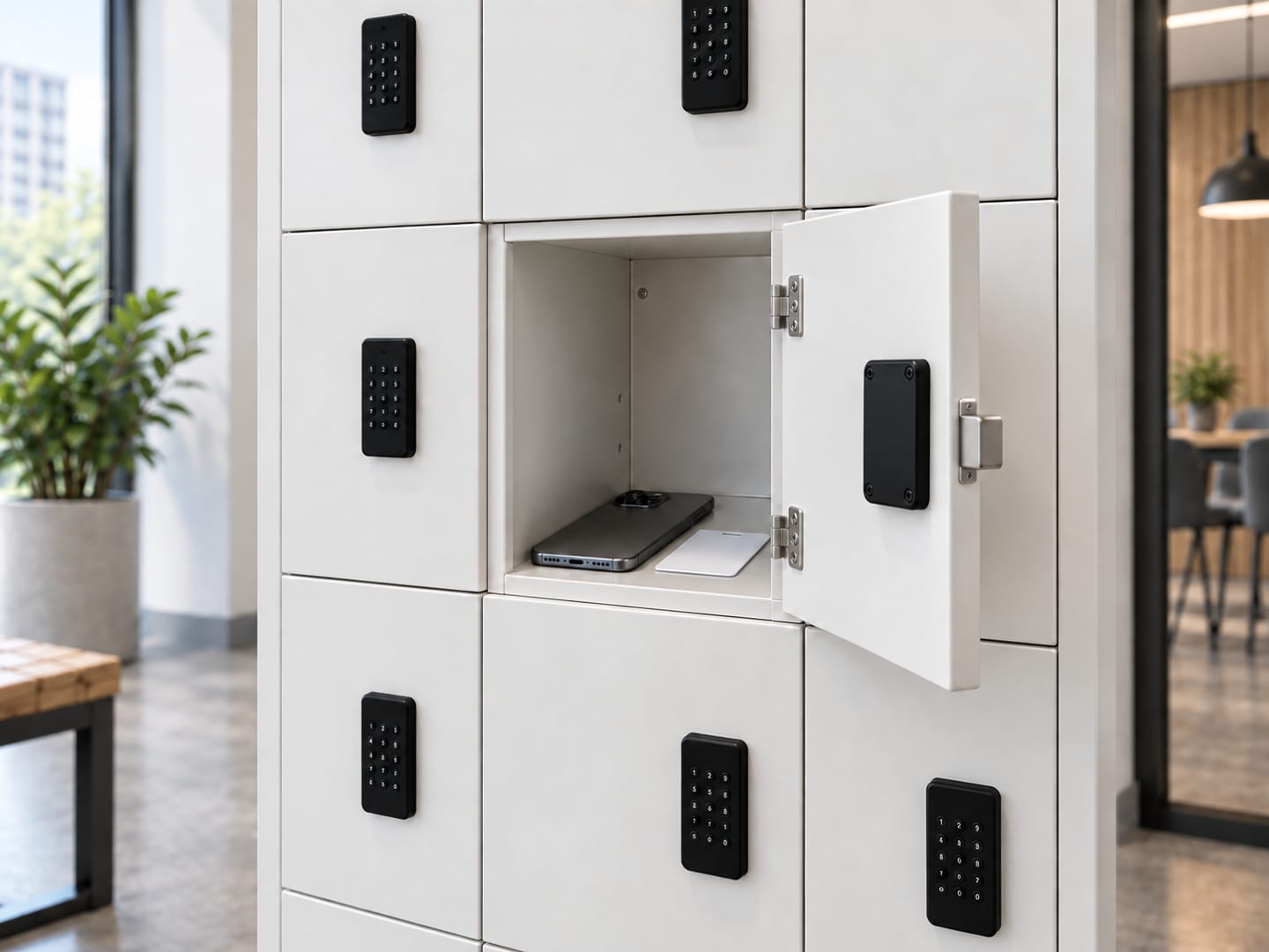 Close view of a thirty-door small steel locker with one compartment open, showing a phone and access card inside