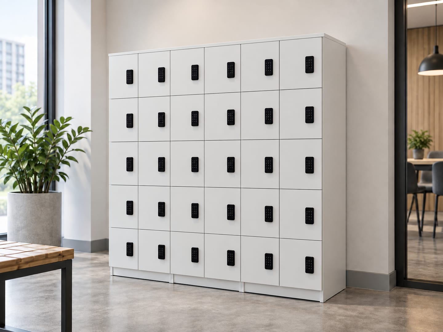 Thirty-door small steel locker arranged in six columns and five rows with black digital keypad locks