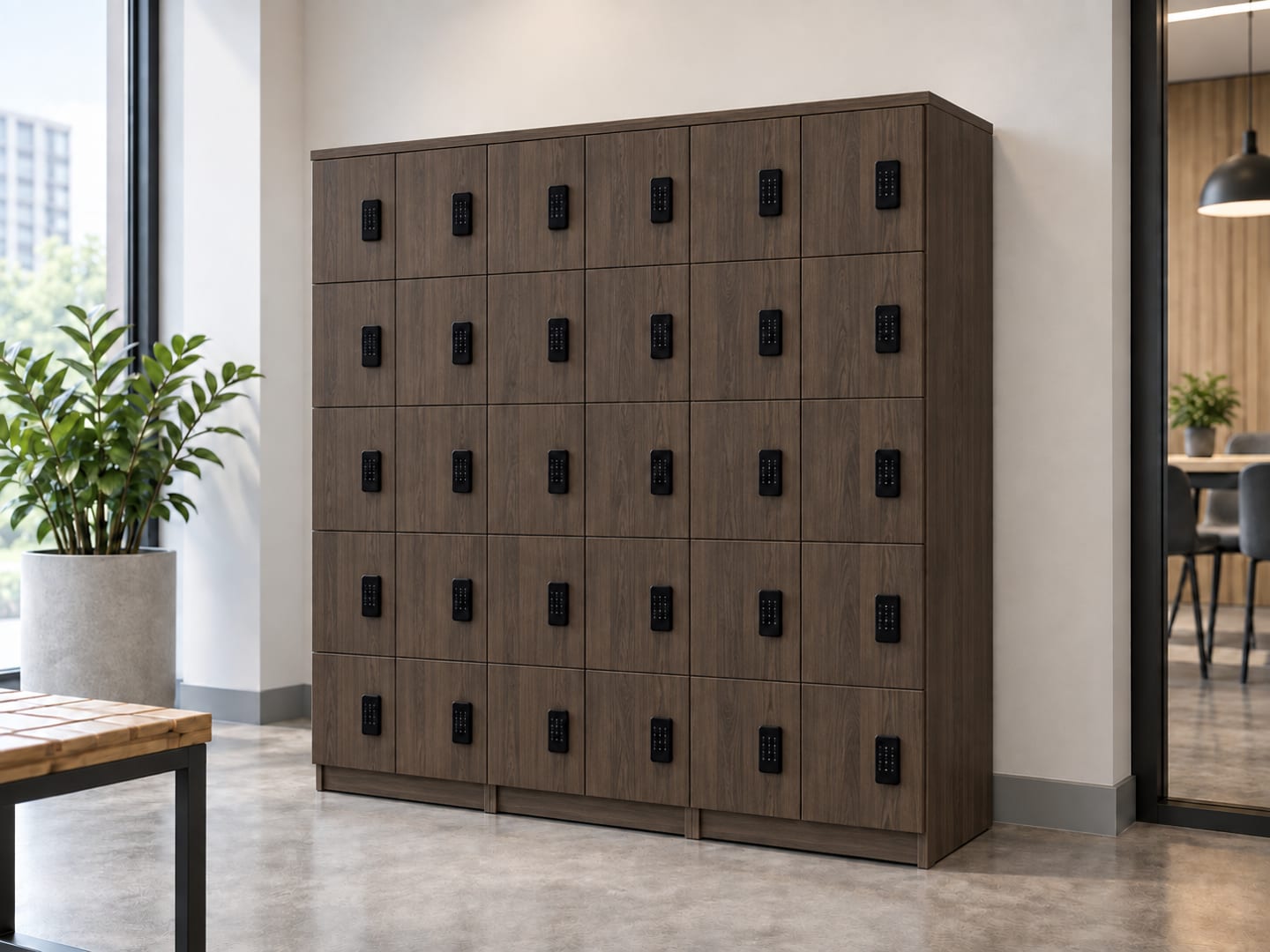Thirty-door small locker with a warm wood-grain laminate finish in a modern office